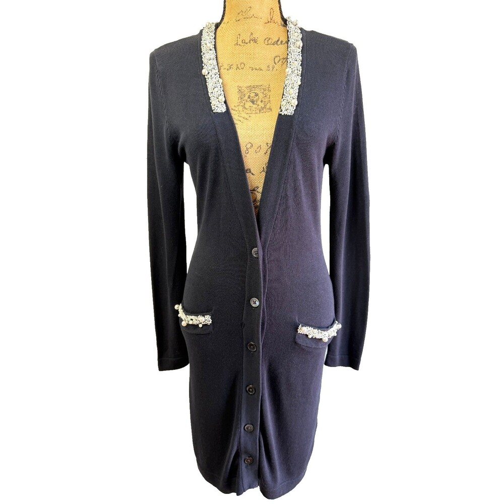 Ambiente Fashion Black Pearl Embellished Cotton Blend Long Cardigan Sweater Sz 8